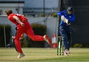 19 June 2021; Graham Hume of North West Warriors plays a shot, off of a delivery from Josh Manley of Munster Reds, during the Cricket Ireland InterProvincial Trophy 2021 match between Munster Reds and North West Warriors at Pembroke Cricket Club in Dublin. Photo by Seb Daly/Sportsfile