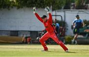 19 June 2021; Munster Reds wicketkeeper PJ Moor appeals for the wicket of North West Warriors' Jared Wilson during the Cricket Ireland InterProvincial Trophy 2021 match between Munster Reds and North West Warriors at Pembroke Cricket Club in Dublin. Photo by Seb Daly/Sportsfile