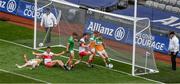 19 June 2021; Niall Darby of Offaly clears the ball on the line, but the goal that was signaled by the umpire was subsequently disallowed, during the Allianz Football League Division 3 Final match between Derry and Offaly at Croke Park in Dublin. Photo by Ray McManus/Sportsfile