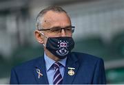 19 June 2021; Uachtarán Chumann Lúthchleas Gael Larry McCarthy, wearing a pride ribbon, at the Allianz Football League Division 3 Final match between between Derry and Offaly at Croke Park in Dublin. Photo by Piaras Ó Mídheach/Sportsfile