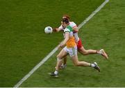 19 June 2021; Johnny Moloney of Offaly in action against Conor Glass of Derry during the Allianz Football League Division 3 Final match between between Derry and Offaly at Croke Park in Dublin. Photo by Ray McManus/Sportsfile