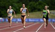 20 June 2021; Aoife Lynch of Donore Harriers, Dublin, centre, on her way to winning the Under 23 Women's 100m, ahead of Sarah Leahy of Killarney Valley AC, Kerry, right, who finished second, during day two of the Irish Life Health Junior Championships & U23 Specific Events at Morton Stadium in Santry, Dublin. Photo by Sam Barnes/Sportsfile