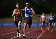20 June 2021; Sean Donoghue of Dublin City Harriers AC, Dublin, right, on his way to winning the Junior Men's 1500m, ahead of Nick Griggs of Mid Ulster AC, during day two of the Irish Life Health Junior Championships & U23 Specific Events at Morton Stadium in Santry, Dublin. Photo by Sam Barnes/Sportsfile