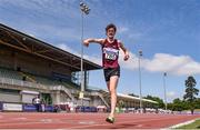 20 June 2021; Matthew Glennon of Mullingar Harriers AC, Westmeath, celebrates as he crosses the line to win the Junior Men's 5km Walk during day two of the Irish Life Health Junior Championships & U23 Specific Events at Morton Stadium in Santry, Dublin. Photo by Sam Barnes/Sportsfile