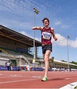 20 June 2021; Matthew Glennon of Mullingar Harriers AC, Westmeath, celebrates as he crosses the line to win the Junior Men's 5km Walk during day two of the Irish Life Health Junior Championships & U23 Specific Events at Morton Stadium in Santry, Dublin. Photo by Sam Barnes/Sportsfile