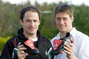 11 February 2004; Ireland out-halves David Humphreys, left, and Ronan O'Gara with customised adidas boots bearing a heart symbol for Valentines Day, the players will wear these boots for the Six Nations game between Ireland and France at the Stade de France on Saturday 14th, which is Valentines Day. The boots will then be auctioned in aid of the Irish Heart Foundation. Picture credit; Brendan Moran / SPORTSFILE *EDI*