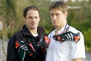 11 February 2004; Ireland out-halves David Humphreys, and Ronan O'Gara with customised adidas boots bearing a heart symbol for Valentines Day, the players will wear these boots for the Six Nations game between Ireland and France at the Stade de France on Saturday 14th, which is Valentines Day. The boots will then be auctioned in aid of the Irish Heart Foundation. Picture credit; Brendan Moran / SPORTSFILE *EDI*