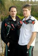 11 February 2004; Ireland out-halves David Humphreys, and Ronan O'Gara with customised adidas boots bearing a heart symbol for Valentines Day, the players will wear these boots for the Six Nations game between Ireland and France at the Stade de France on Saturday next, which is Valentines Day. The boots will then be auctioned in aid of the Irish Heart Foundation. Picture credit; Brendan Moran / SPORTSFILE *EDI*