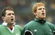 14 February 2004; Ireland captain Paul O'Connell, right, and team-mate Anthony Foley sing &quot; Ireland's Call &quot; before the game against France. RBS 6 Nations Championship 2003-2004, France v Ireland, Stade de France, St. Denis, Paris, France. Picture credit; Brendan Moran / SPORTSFILE *EDI*