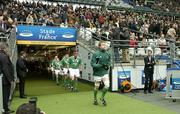 14 February 2004; Ireland captain Paul O'Connell leads his side out against France. RBS 6 Nations Championship 2003-2004, France v Ireland, Stade de France, St. Denis, Paris, France. Picture credit; Brendan Moran / SPORTSFILE *EDI*