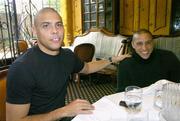 16 February 2004; Ronaldo, left, and Roberto Carlos, Brazil, enjoy a break on their arrival at the Burlington Hotel, Dublin, before their International friendly against the Republic of Ireland. Picture credit; David Maher / SPORTSFILE *EDI*