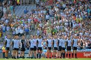 14 July 2013; The Dublin team stand for the National Anthem before the game. Leinster GAA Football Senior Championship Final, Meath v Dublin, Croke Park, Dublin. Picture credit: Barry Cregg / SPORTSFILE