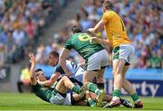 14 July 2013; James McCarthy, Dublin, tussles with Seanmus Kenny, left, Mickey Burke, centre, and  Paddy O'Rourke, right, Meath. Leinster GAA Football Senior Championship Final, Meath v Dublin, Croke Park, Dublin. Picture credit: Barry Cregg / SPORTSFILE