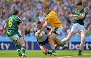 14 July 2013; James McCarthy, Dublin, in action against Mickey Burke, left, Paddy O'Rourke, and Conor Gillespie, right, Meath. Leinster GAA Football Senior Championship Final, Meath v Dublin, Croke Park, Dublin. Picture credit: Barry Cregg / SPORTSFILE