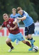 14 July 2013; Gary O'Neill, Drogheda United, in action against Sean Russell, UCD. Airtricity League Premier Division, UCD v Drogheda United, UCD Bowl, Belfield, Dublin. Picture credit: Ray Lohan / SPORTSFILE