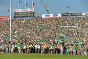 14 July 2013; Limerick supporters wait at the edge of the pitch shortly before full time as the final score is displayed on the scoreboard. Munster GAA Hurling Senior Championship Final, Limerick v Cork, Gaelic Grounds, Limerick. Picture credit: Diarmuid Greene / SPORTSFILE