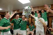 14 July 2013; Limerick players, left to right, Shane Dowling, Alan Dempsey, Donal O'Grady and Nickie Quaid celebrate with the cup.  Munster GAA Hurling Senior Championship Final, Limerick v Cork, Gaelic Grounds, Limerick. Picture credit: Ray McManus / SPORTSFILE