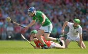 14 July 2013; Richie McCarthy, left, and Nickie Quaid, Limerick, in action against Seamus Harnedy, Cork. Munster GAA Hurling Senior Championship Final, Limerick v Cork, Gaelic Grounds, Limerick. Picture credit: Diarmuid Greene / SPORTSFILE