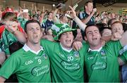 14 July 2013; Limerick players Donal O'Grady, left, Shane Dowling, centre, and Mark Carmody sing &quot;Limerick You're A Lady&quot; after victory over Cork. Munster GAA Hurling Senior Championship Final, Limerick v Cork, Gaelic Grounds, Limerick. Picture credit: Diarmuid Greene / SPORTSFILE