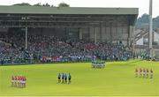 14 July 2013; The Cork and Limerick teams stand for the National Anthem. Munster GAA Hurling Senior Championship Final, Limerick v Cork, Gaelic Grounds, Limerick. Picture credit: Diarmuid Greene / SPORTSFILE