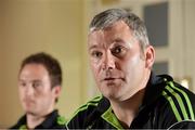 15 July 2013; Mayo manager James Horan, right, and Alan Dillon during a press event ahead of their Connacht GAA Football Senior Championship Final against London on Sunday. Mayo Football Press Event, Breaffy House Hotel, Breaffy, Co. Mayo. Picture credit: Diarmuid Greene / SPORTSFILE