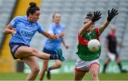 12 June 2021; Niamh McEvoy of Dublin in action against Orla Conlon of Mayo during the Lidl Ladies National Football League Division 1 semi-final match between Dublin and Mayo at LIT Gaelic Grounds in Limerick. Photo by Piaras Ó Mídheach/Sportsfile