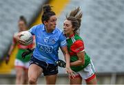 12 June 2021; Niamh McEvoy of Dublin in action against Niamh Kelly of Mayo during the Lidl Ladies National Football League Division 1 semi-final match between Dublin and Mayo at LIT Gaelic Grounds in Limerick. Photo by Piaras Ó Mídheach/Sportsfile
