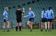 12 June 2021; Lauren Magee of Dublin in conversation with referee Séamus Mulvihill during the Lidl Ladies National Football League Division 1 semi-final match between Dublin and Mayo at LIT Gaelic Grounds in Limerick. Photo by Piaras Ó Mídheach/Sportsfile