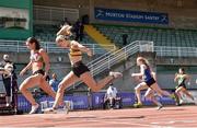 20 June 2021; Katie Monteith of City of Lisburn AC, Down, far left, and Lucy-May Sleeman of Leevale AC, Cork, second from left, both dip for the line whilst competing in the Junior Women's 100m during day two of the Irish Life Health Junior Championships & U23 Specific Events at Morton Stadium in Santry, Dublin. Photo by Sam Barnes/Sportsfile