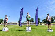 20 June 2021; Junior Men's 400m medallists, from left, Keeley Hogan of Le Chéile AC, Kildare, silver, Callum Baird of Ballymena and Antrim AC, gold, and Patrick Tucker of Dundrum South Dublin AC, bronze, during day two of the Irish Life Health Junior Championships & U23 Specific Events at Morton Stadium in Santry, Dublin. Photo by Sam Barnes/Sportsfile