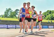 20 June 2021; Nick Griggs of Mid Ulster AC, centre, leads the field followed by eventual winner Sean Donoghue of Dublin City Harriers AC, left, whilst competing in the Junior Men's 1500m during day two of the Irish Life Health Junior Championships & U23 Specific Events at Morton Stadium in Santry, Dublin. Photo by Sam Barnes/Sportsfile