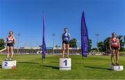 20 June 2021; Junior Women's Javelin medallists, from left, Ellie McCurdy of Lifford Strabane AC, Donegal, silver, Leanne Healy of Marian AC, Clare, gold, and Saidhbhe Byrne of Enniscorthy AC, Wexford, bronze, during day two of the Irish Life Health Junior Championships & U23 Specific Events at Morton Stadium in Santry, Dublin. Photo by Sam Barnes/Sportsfile