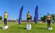 20 June 2021; Junior Men's Pole Vault medallists, from left, Diarmuid O'Connor of Bandon AC, Cork, silver, Conor Callinan of Leevale AC, Cork, gold, and Joshua Fitzgerald of Leevale AC, Cork, bronze, during day two of the Irish Life Health Junior Championships & U23 Specific Events at Morton Stadium in Santry, Dublin. Photo by Sam Barnes/Sportsfile