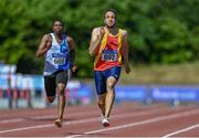 20 June 2021; Joseph Finnegan Murphy of Tallaght AC, Dublin, competing in the Under 23 Men's 100m during day two of the Irish Life Health Junior Championships & U23 Specific Events at Morton Stadium in Santry, Dublin. Photo by Sam Barnes/Sportsfile