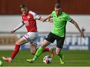 21 June 2021; Ryan Rainey of Finn Harps in action against Chris Forrester of St Patrick's Athletic during the SSE Airtricity League Premier Division match between St Patrick's Athletic and Finn Harps at Richmond Park in Dublin. Photo by Harry Murphy/Sportsfile