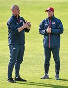 21 June 2021; St Patrick's Athletic manager Alan Mathews, left, and St Patrick's Athletic head coach Stephen O'Donnell speak before the SSE Airtricity League Premier Division match between St Patrick's Athletic and Finn Harps at Richmond Park in Dublin. Photo by Harry Murphy/Sportsfile
