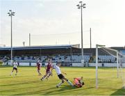 21 June 2021; Drogheda United goalkeeper David Odumosu saves a shot from Daniel Kelly of Dundalk, in the build up to Dundalk's first goal, during the SSE Airtricity League Premier Division match between Drogheda United and Dundalk at Head in the Game Park in Drogheda, Louth. Photo by Piaras Ó Mídheach/Sportsfile