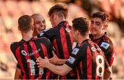 21 June 2021; Georgie Kelly of Bohemians, second from left, celebrates with team-mates after scoring their side's first goal during the SSE Airtricity League Premier Division match between Bohemians and Shamrock Rovers at Dalymount Park in Dublin. Photo by Stephen McCarthy/Sportsfile