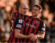21 June 2021; Georgie Kelly of Bohemians is congratulated by his Bohemians team-mate Rob Cornwall, right, after scoring his side's first goal during the SSE Airtricity League Premier Division match between Bohemians and Shamrock Rovers at Dalymount Park in Dublin. Photo by Stephen McCarthy/Sportsfile