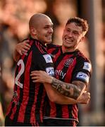21 June 2021; Georgie Kelly of Bohemians is congratulated by his Bohemians team-mate Rob Cornwall, right, after scoring his side's first goal during the SSE Airtricity League Premier Division match between Bohemians and Shamrock Rovers at Dalymount Park in Dublin. Photo by Stephen McCarthy/Sportsfile