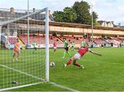 21 June 2021; Ronan Coughlan of St Patrick's Athletic shoots to score his side's third goal during the SSE Airtricity League Premier Division match between St Patrick's Athletic and Finn Harps at Richmond Park in Dublin. Photo by Harry Murphy/Sportsfile