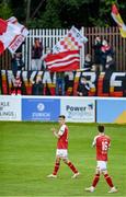 21 June 2021; Darragh Burns, centre, and Alfie Lewis of St Patrick's Athletic, right, applaud supporters after the SSE Airtricity League Premier Division match between St Patrick's Athletic and Finn Harps at Richmond Park in Dublin. Photo by Harry Murphy/Sportsfile