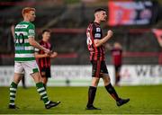 21 June 2021; James Finnerty of Bohemians, right, celebrates at the final following his side's victory, as Rory Gaffney of Shamrock Rovers reacts to his side's defeat following their SSE Airtricity League Premier Division match at Dalymount Park in Dublin. Photo by Seb Daly/Sportsfile