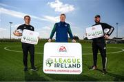 22 June 2021; League of Ireland Academy development manager Will Clarke with Shamrock Rovers academy director Shane Robinson, left, and Derry City technical director Paddy McCourt, right, during a EA SPORTS National Underage League Media Day at FAI Headquarters in Abbotstown, Dublin. Photo by Stephen McCarthy/Sportsfile
