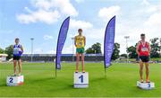 20 June 2021; Junior Men's 3km Steeplechase medallists, from left, Sean Mcginley of Finn Valley AC, Donegal, silver, Fionn Harrington of Bandon AC, Cork, gold, and Mark Hanrahan of Ennis Track AC, Clare, bronze, during day two of the Irish Life Health Junior Championships & U23 Specific Events at Morton Stadium in Santry, Dublin. Photo by Sam Barnes/Sportsfile