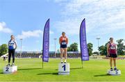 20 June 2021; Junior Women's Discus medallists, from left, Anna Gavigan of Lambay Sports and Athletics Club, Dublin, silver, Casey Mulvey of Inny Vale AC, Cavan, gold, and Holly Wright of Crookstown Millview AC, Kildare, bronze,  during day two of the Irish Life Health Junior Championships & U23 Specific Events at Morton Stadium in Santry, Dublin. Photo by Sam Barnes/Sportsfile