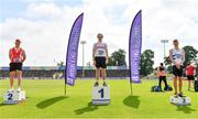 20 June 2021; Junior Men's Discus medallists, from left, Liam Granville of Fingallians AC, Dublin, silver, Morgan Brennan of Crusaders AC, Dublin, gold, and James Deane of Celbridge AC, Kildare, bronze, during day two of the Irish Life Health Junior Championships & U23 Specific Events at Morton Stadium in Santry, Dublin. Photo by Sam Barnes/Sportsfile