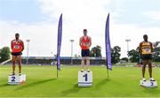 20 June 2021; Junior Men's 110m Hurdles medallists, from left, Jordan Cunningham of City of Lisburn AC, Down, silver, Iarlaith Golding of St Colmans South Mayo AC, gold, and James Ezeonu of Leevale AC, Cork, bronze, during day two of the Irish Life Health Junior Championships & U23 Specific Events at Morton Stadium in Santry, Dublin. Photo by Sam Barnes/Sportsfile