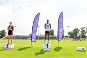 20 June 2021; Under 23 Men's 110m Hurdles medallists, Aaron Tierney Smith of Menapians AC, Wexford, silver, and Valantinos Goularas of Crusaders AC, Dublin, gold, during day two of the Irish Life Health Junior Championships & U23 Specific Events at Morton Stadium in Santry, Dublin. Photo by Sam Barnes/Sportsfile