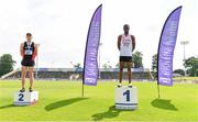 20 June 2021; Under 23 Men's 110m Hurdles medallists, Aaron Tierney Smith of Menapians AC, Wexford, silver, and Valantinos Goularas of Crusaders AC, Dublin, gold, during day two of the Irish Life Health Junior Championships & U23 Specific Events at Morton Stadium in Santry, Dublin. Photo by Sam Barnes/Sportsfile